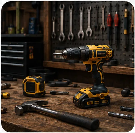 Power tools on a workbench