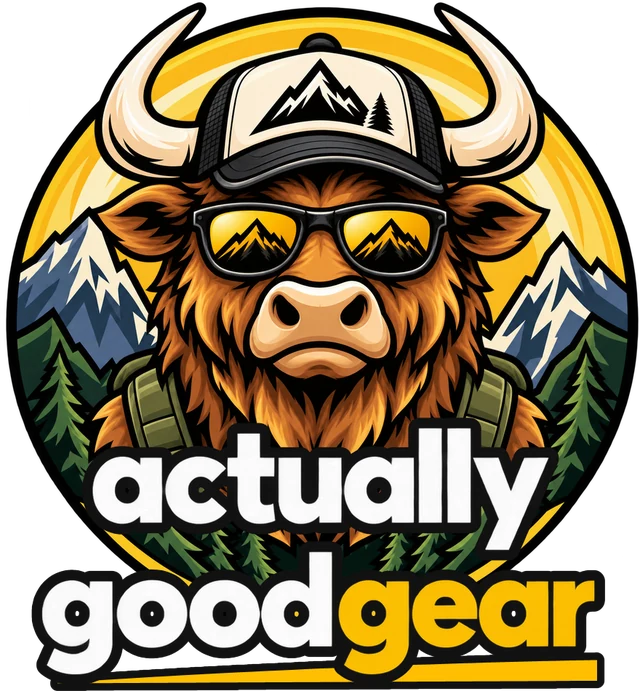 Actually Good Gear mascot: a bull in a trucker cap and gold sunglasses in front of a sun, mountains and pine trees