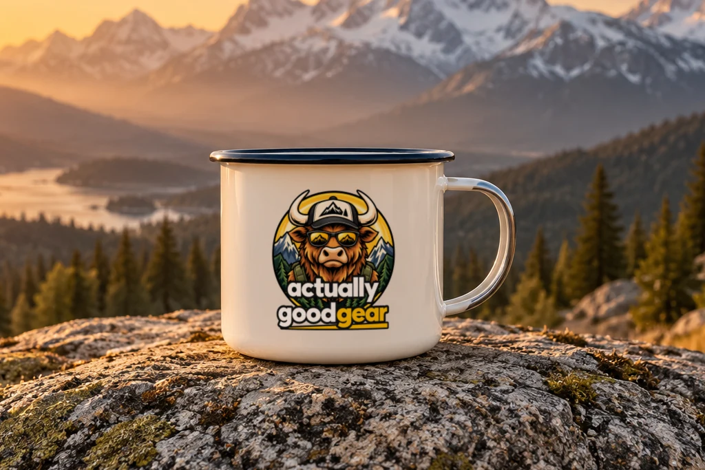 Enamel camp mug printed with the Actually Good Gear bull emblem, on a rock at sunrise in the mountains